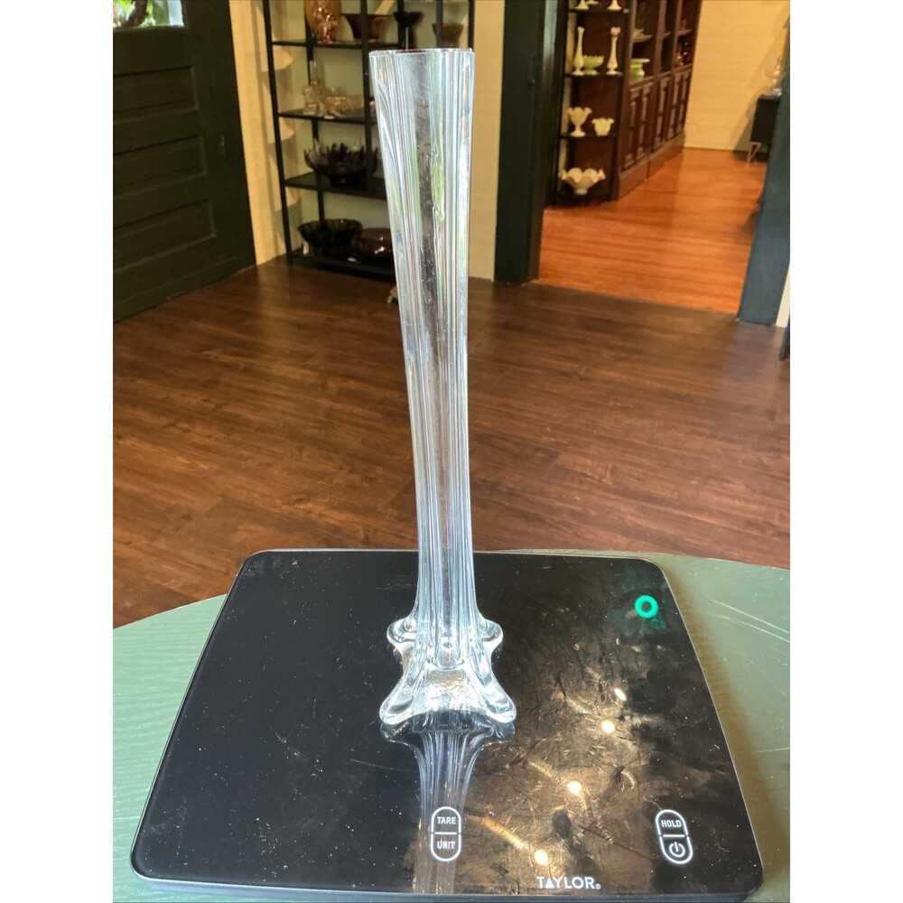 Vintage 12" MCM Clear Ribbed Glass Bud Vase Tall Slender Fluted Flower Vase